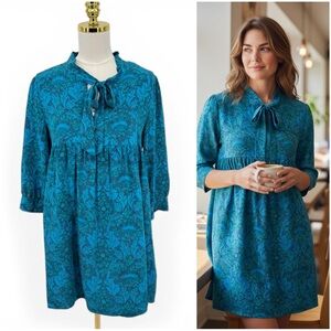 Lux Women’s 100% Silk Babydoll Tunic Dress Teal Boho Floral